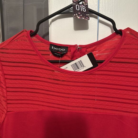Bebe Red Striped Sheer Bodycon Longsleeve Dress Size L SALT1099 NWT - Picture 3 of 10
